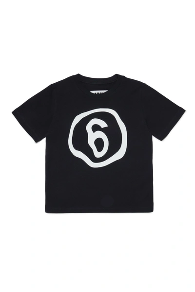 Shop Mm6 Maison Margiela Black T-shirt In Jersey With Logo 6 Fluid Effect