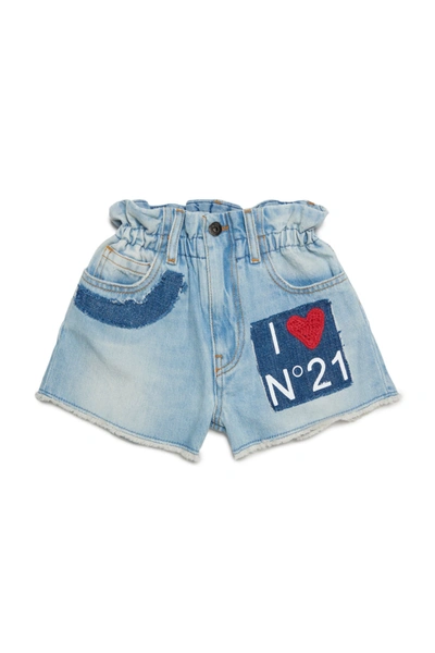 Shop N°21 Blue Denim Shorts With Patch And I Love  Logo