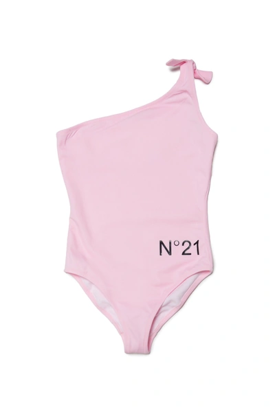 Shop N°21 One-shoulder One-piece Pink Swimming Costume In Lycra With Logo