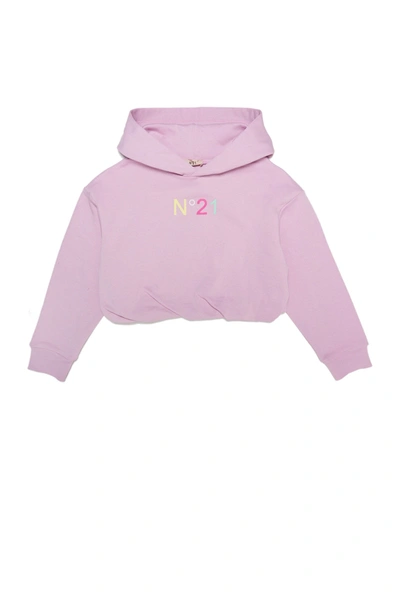 Shop N°21 Pink Cropped Sweatshirt With Hood, Multicoloured Logo And Gathers At The Bottom