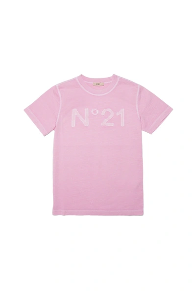 Shop N°21 Pink T-shirt In Vintage-effect Jersey With Applied Logo