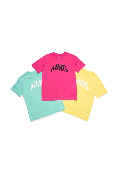 Shop Mm6 Maison Margiela Set Of 3 Yellow, Pink And Aquamarine Jersey T-shirts With Mm6 Logo In Azure