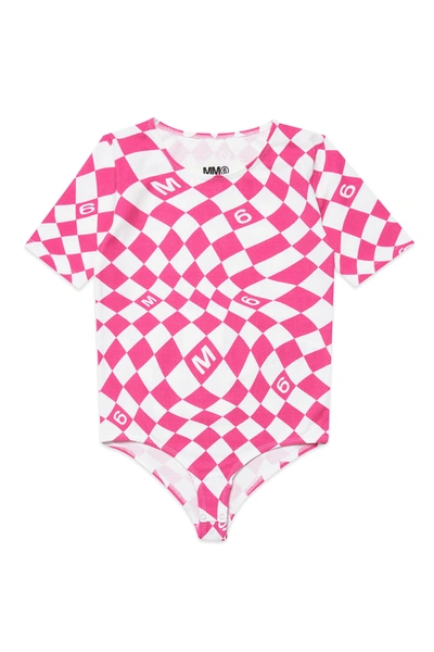 Shop Mm6 Maison Margiela White And Pink Short-sleeved Bodysuit In Jersey With Chequered Pattern