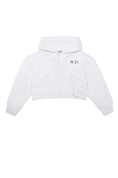 Shop N°21 White Cotton Cropped Sweatshirt With Zip, Hood And I Love  Logo On The Back