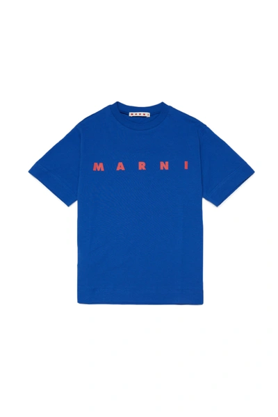 Shop Marni Blu Jersey T-shirt With Logo In Blue