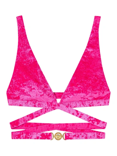 Shop Versace Medusa Biggie Velvet Bikini Top In Pink & Purple