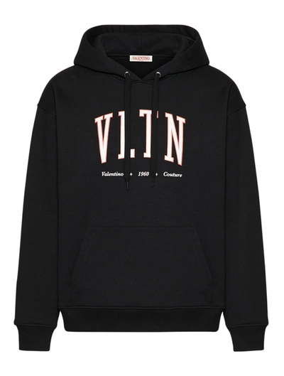 Shop Valentino Vltn Print Cotton Hoodie In Black