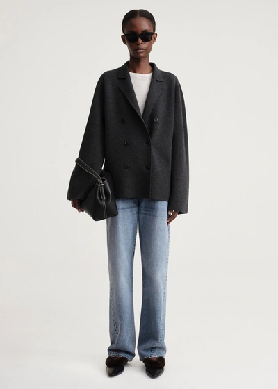 Totême Double Breasted Wool Knit Blazer In Dark Grey Melange