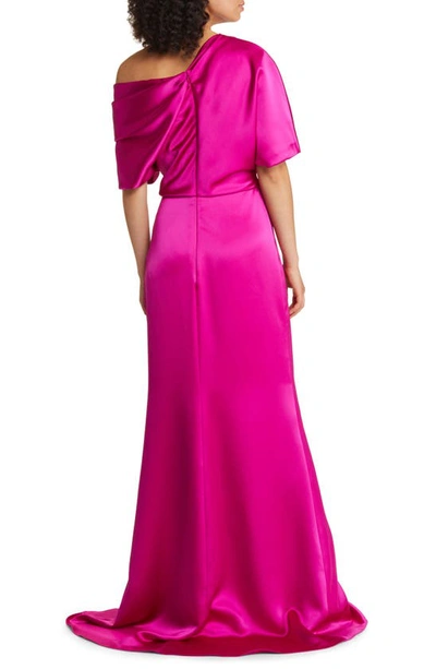 Shop Amsale Gathered One-shoulder Satin Gown In Fuchsia