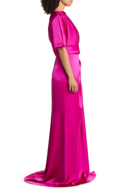 Shop Amsale Gathered One-shoulder Satin Gown In Fuchsia