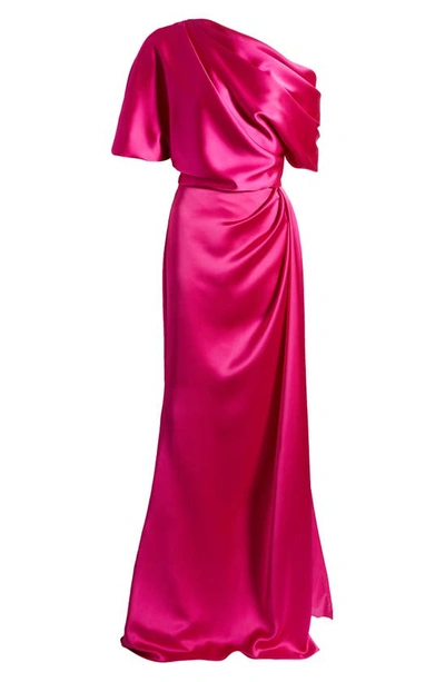 Shop Amsale Gathered One-shoulder Satin Gown In Fuchsia