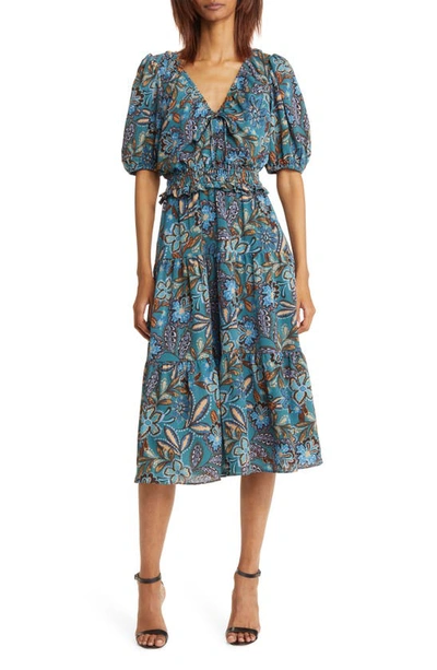 Shop Vince Camuto Floral Tiered Pebble Crepe Midi Dress In Peacock