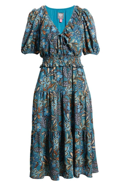 Shop Vince Camuto Floral Tiered Pebble Crepe Midi Dress In Peacock