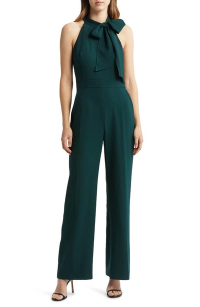 Shop Vince Camuto Bow Neck Stretch Crepe Jumpsuit In Hunter