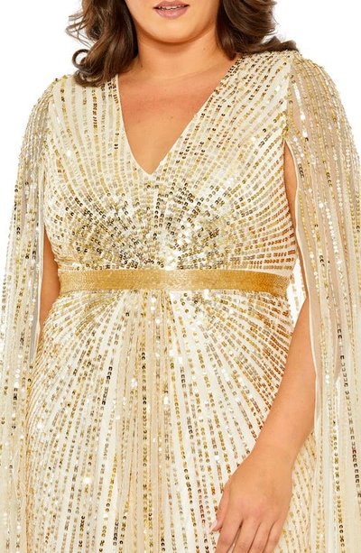 Shop Fabulouss By Mac Duggal Sequin Long Cape Sleeve Gown In Light Beige