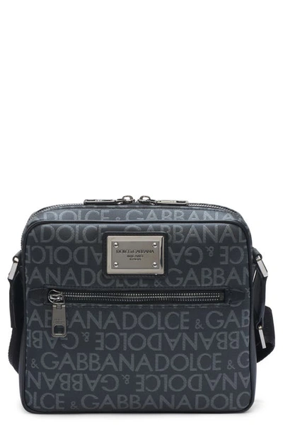 Shop Dolce & Gabbana Logo Plaque Logo Jacquard Crossbody Bag In Black/ Grey