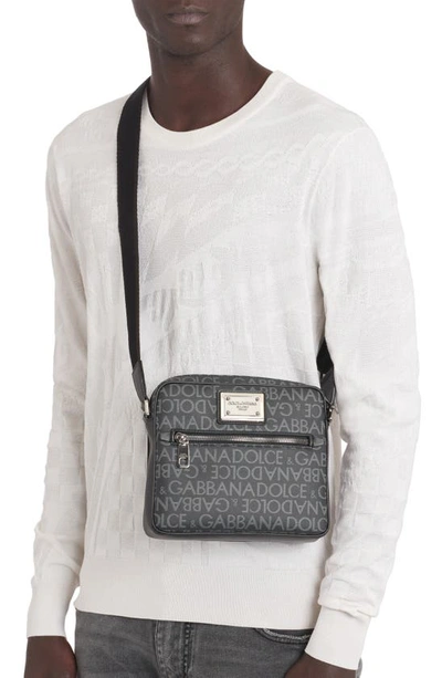 Shop Dolce & Gabbana Logo Plaque Logo Jacquard Crossbody Bag In Black/ Grey