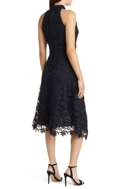 Shop Eliza J Lace Asymmetric Hem Mock Neck Dress In Navy