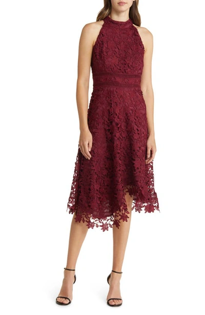 Shop Eliza J Lace Asymmetric Hem Mock Neck Dress In Wine