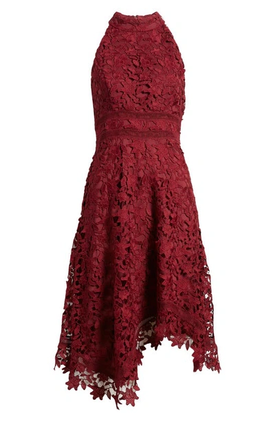 Shop Eliza J Lace Asymmetric Hem Mock Neck Dress In Wine