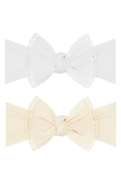 Shop Baby Bling 2-pack Pom Trimmed Bow Headbands In White Lace Oatmeal Lace