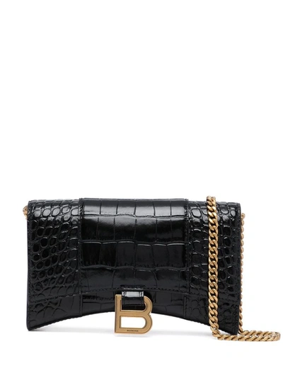 Shop Balenciaga Hourglass Leather Wallet On Chain In Black
