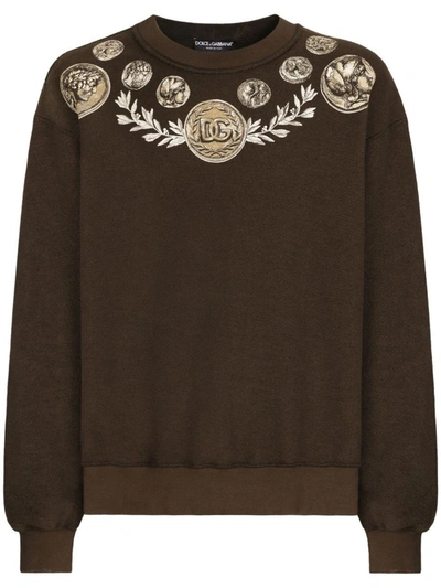 Shop Dolce & Gabbana Printed Cotton Sweatshirt In Brown