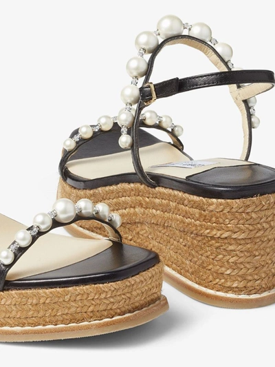 Shop Jimmy Choo Amatuus 60 Pearl Embellishment Raffia Wedge Sandals In Black