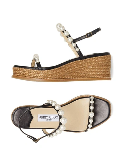 Shop Jimmy Choo Amatuus 60 Pearl Embellishment Raffia Wedge Sandals In Black