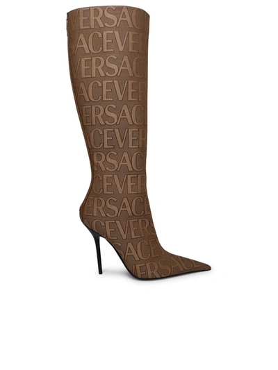 Shop Versace Beige Cotton Blend Boots In Brown