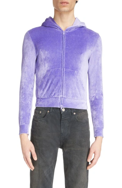 Shop Balenciaga Fitted Crystal Logo Velvet Zip Hoodie In Lilac