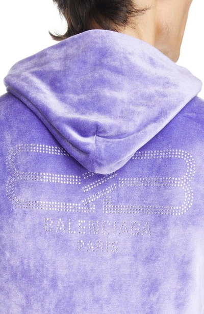 Shop Balenciaga Fitted Crystal Logo Velvet Zip Hoodie In Lilac
