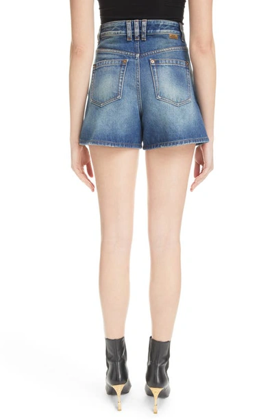 Shop Balmain High Waist Cotton Denim Shorts In 6ff Blue