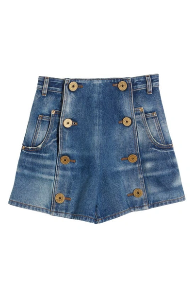 Shop Balmain High Waist Cotton Denim Shorts In 6ff Blue