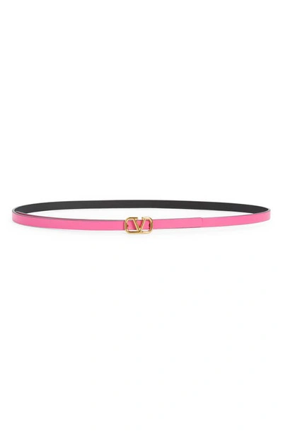 Shop Valentino Vlogo Reversible Leather Skinny Belt In Uxg Pink Pp/ Nero