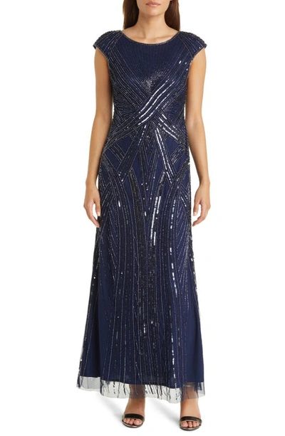 Shop Pisarro Nights Embellished Cap Sleeve Gown In Navy 410