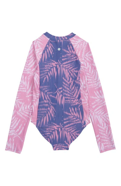 Shop Zella Girl Kids' Trinity Long Sleeve One-piece Rashguard Swimsuit In Blue- Purple Seamless Palm