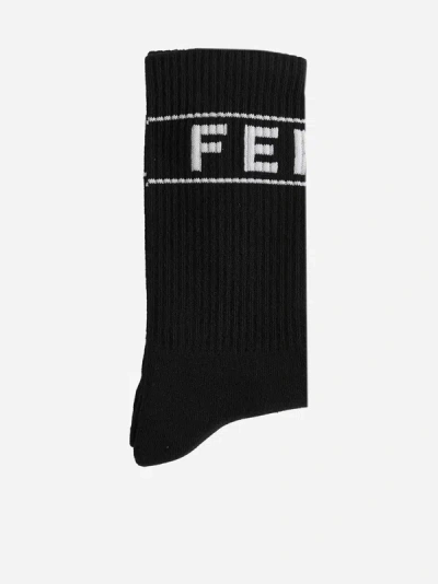 Shop Fendi Logo Cotton-blend Short Socks In Black,white