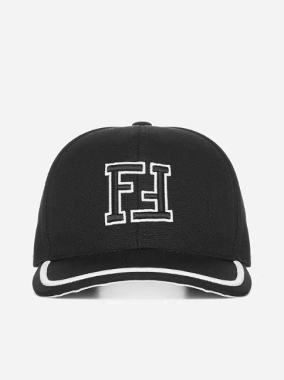 Shop Fendi Ff Logo Cotton Baseball Cap In Black,white
