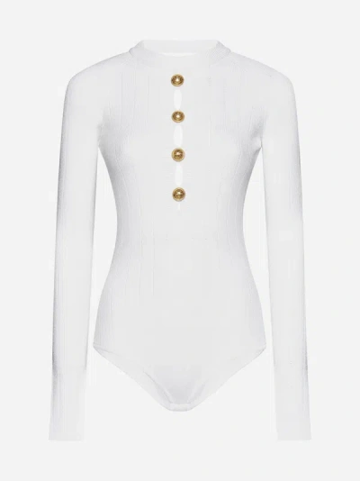 Shop Balmain Buttoned Viscose-blend Bodysuit In White