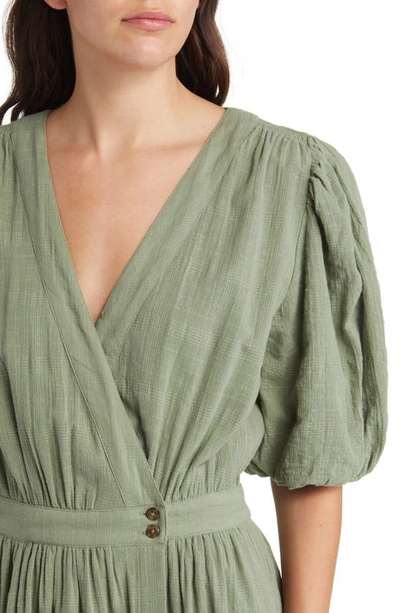 Shop Treasure & Bond Puff Sleeve Cotton Wrap Dress In Green Dune