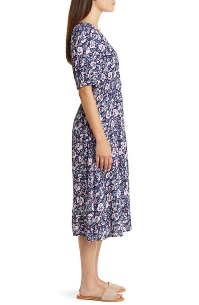 Shop Caslon Puff Sleeve Shirred Waist Dress In Navy Peacoat Leandra Floral