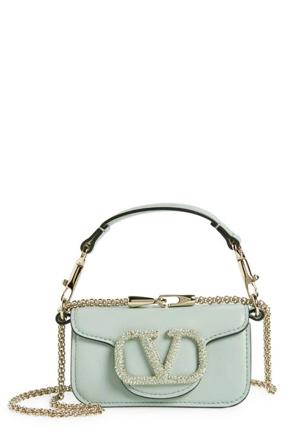 Shop Valentino Mini Locò Crystal Logo Leather Shoulder Bag In Water Green/ Crisolite