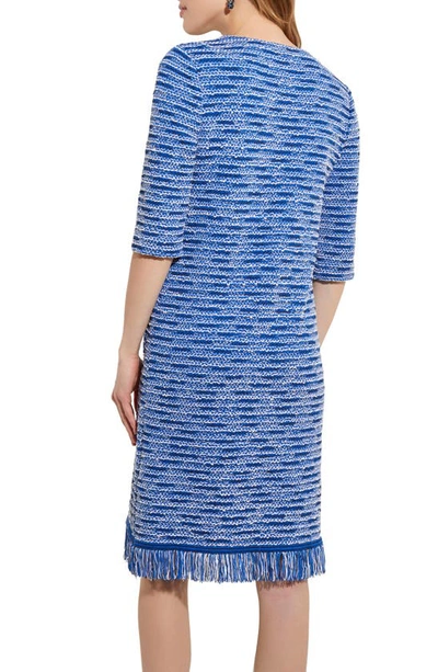Shop Misook Fringe Hem Tweed Knit Dress In Lyons Blue/new Ivory/black