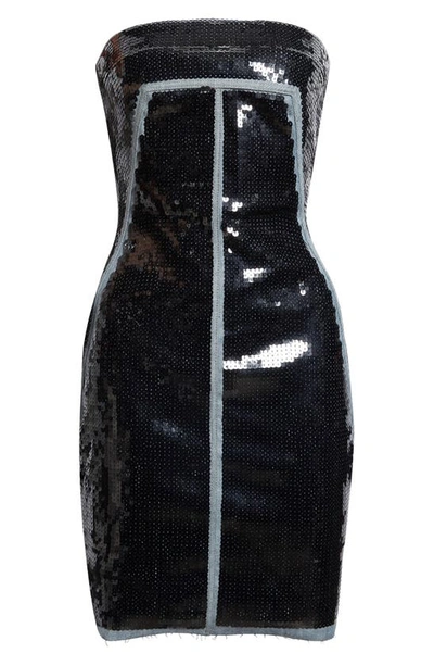 Shop Rick Owens Sequin Strapless Stretch Denim Bustier Dress In Blue/ Black