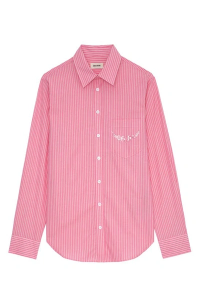 Shop Zadig & Voltaire Taskiz Stripe Embellished Cotton Button-up Shirt In Rubber