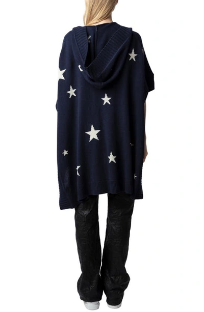 Shop Zadig & Voltaire Inna Intarsia Star Cashmere Open Front Hooded Poncho Cardigan In Encre