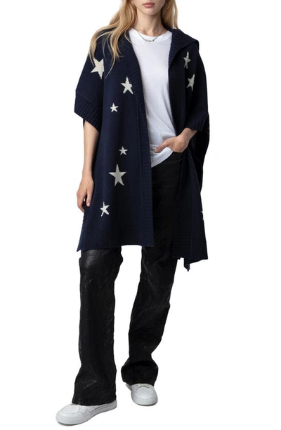 Shop Zadig & Voltaire Inna Intarsia Star Cashmere Open Front Hooded Poncho Cardigan In Encre