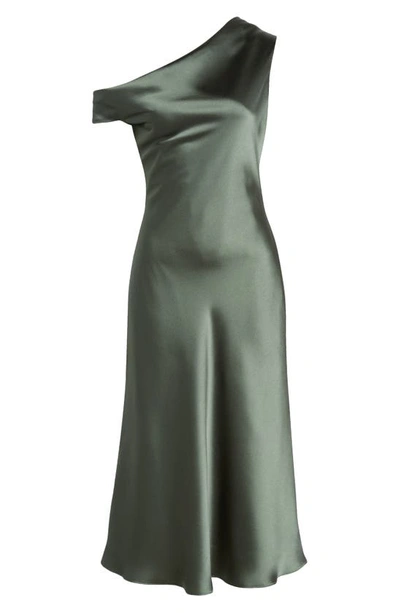 Shop Amsale One-shoulder Satin Midi Dress In Olive