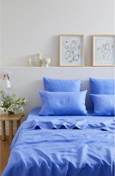 Shop Bed Threads Linen Flat Sheet In Blue Tones